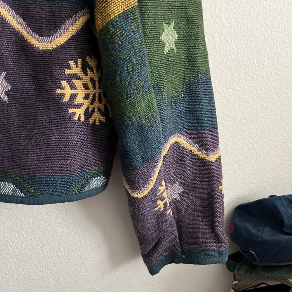 Flashback size large green blue yellow tapestry like winter Christmas jacket 90s - Picture 12 of 14